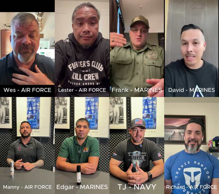 Eight veterans from Seva Holistic's veteran video: Wes, Lester, Frank, David, Manny, Edgar, TJ, and Richard
